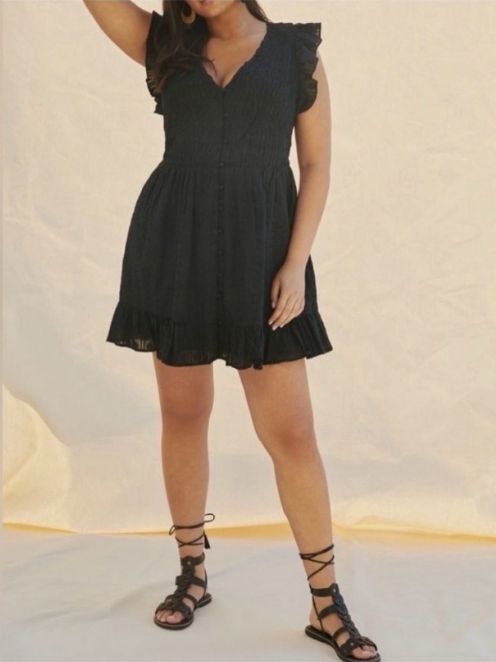 Anthropologie Black Peregrine Smocked Flutter Sleeve Mini Dress 1X